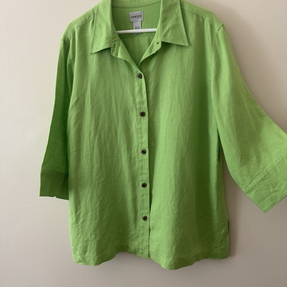 Chicos Lime 100% Linen Top Womens 3 (16/XL) Button Up Collared 3/4 Sleeve Shirt - Picture 2 of 8
